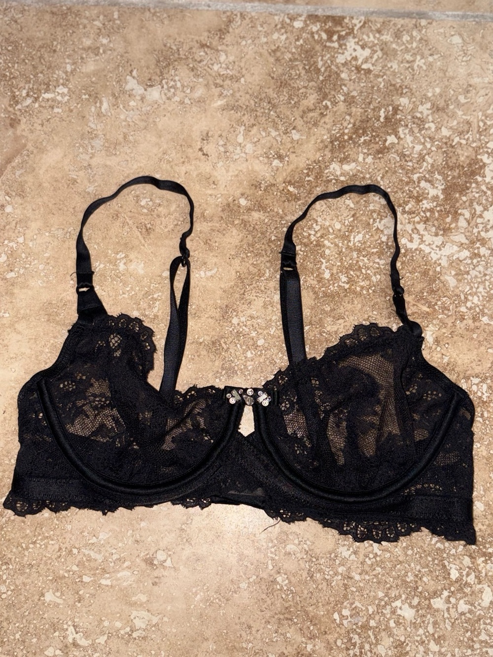 Victoria's Secret Black Lace Underwire Bra with  Swarovski Crystals Detail